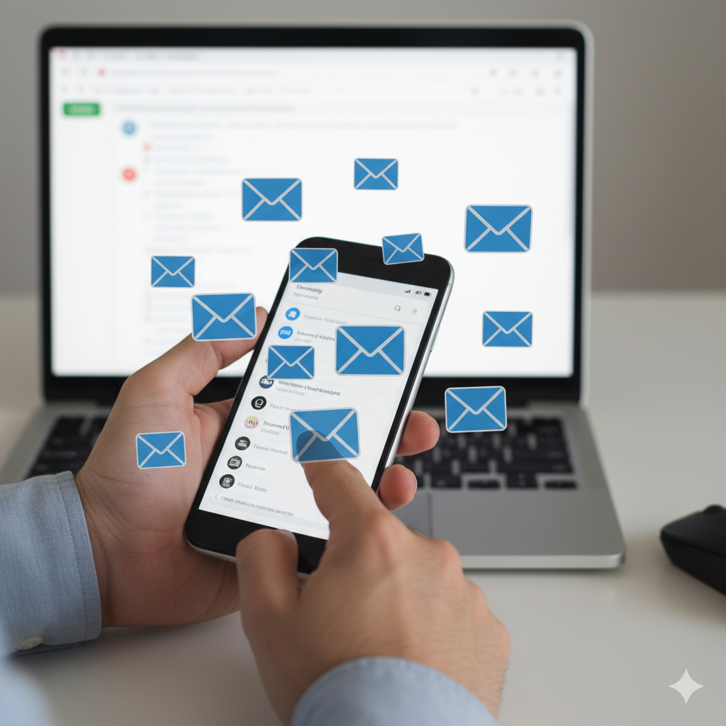 A close-up of hands holding a smartphone displaying an email notification, with multiple floating email icons surrounding it and a laptop with an email interface in the blurred background. This illustrates the work of email marketing agencies in India managing digital communications.